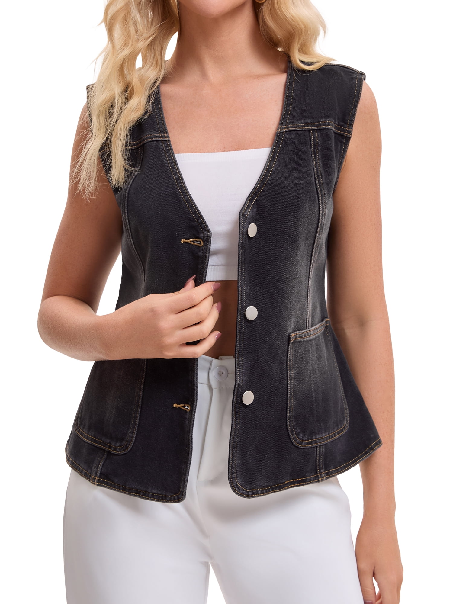 DARING DIVA Women's V Neck Patch Pockets Button Down Sleeveless Jacket M Black