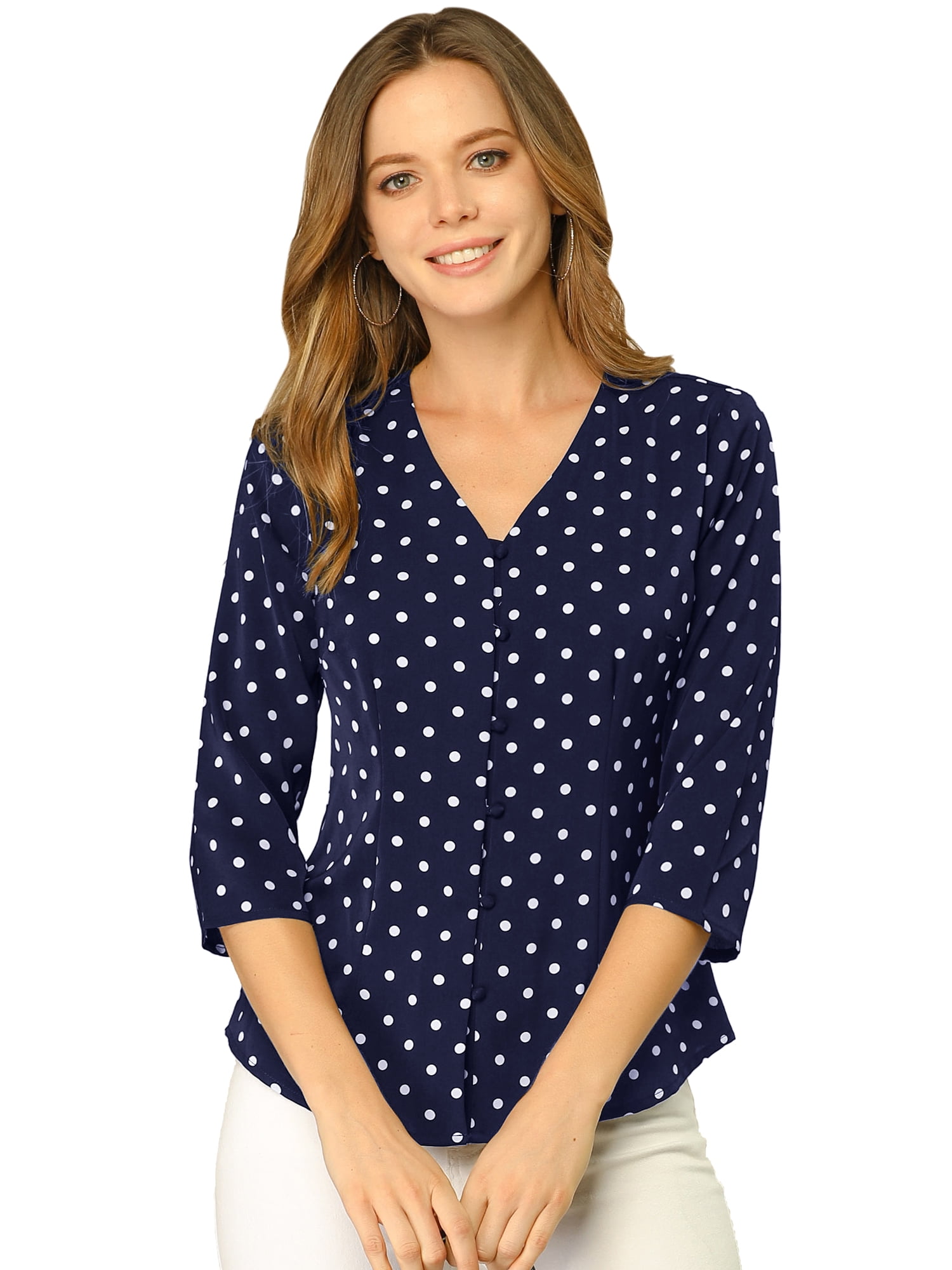 DARING DIVA Women's V Neck Polka Dots 3/4 Sleeve Casual Button Blouse 3XL Dark Blue