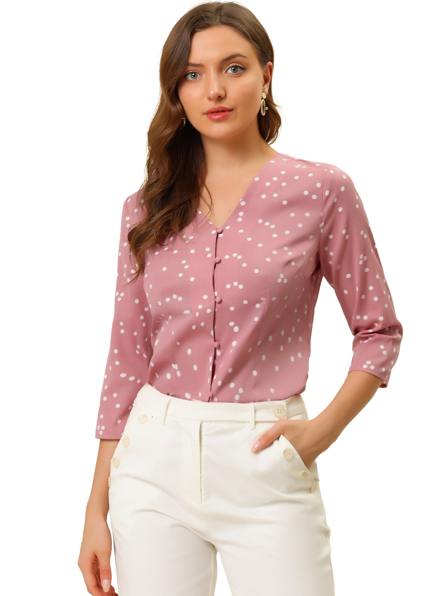DARING DIVA Women's V Neck Polka Dots 3/4 Sleeve Casual Button Blouse 3XL Pink