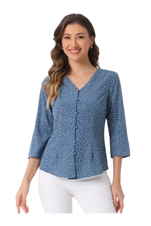 Women's V Neck Polka Dots 3/4 Sleeve Casual Button Blouse L Denim Blue