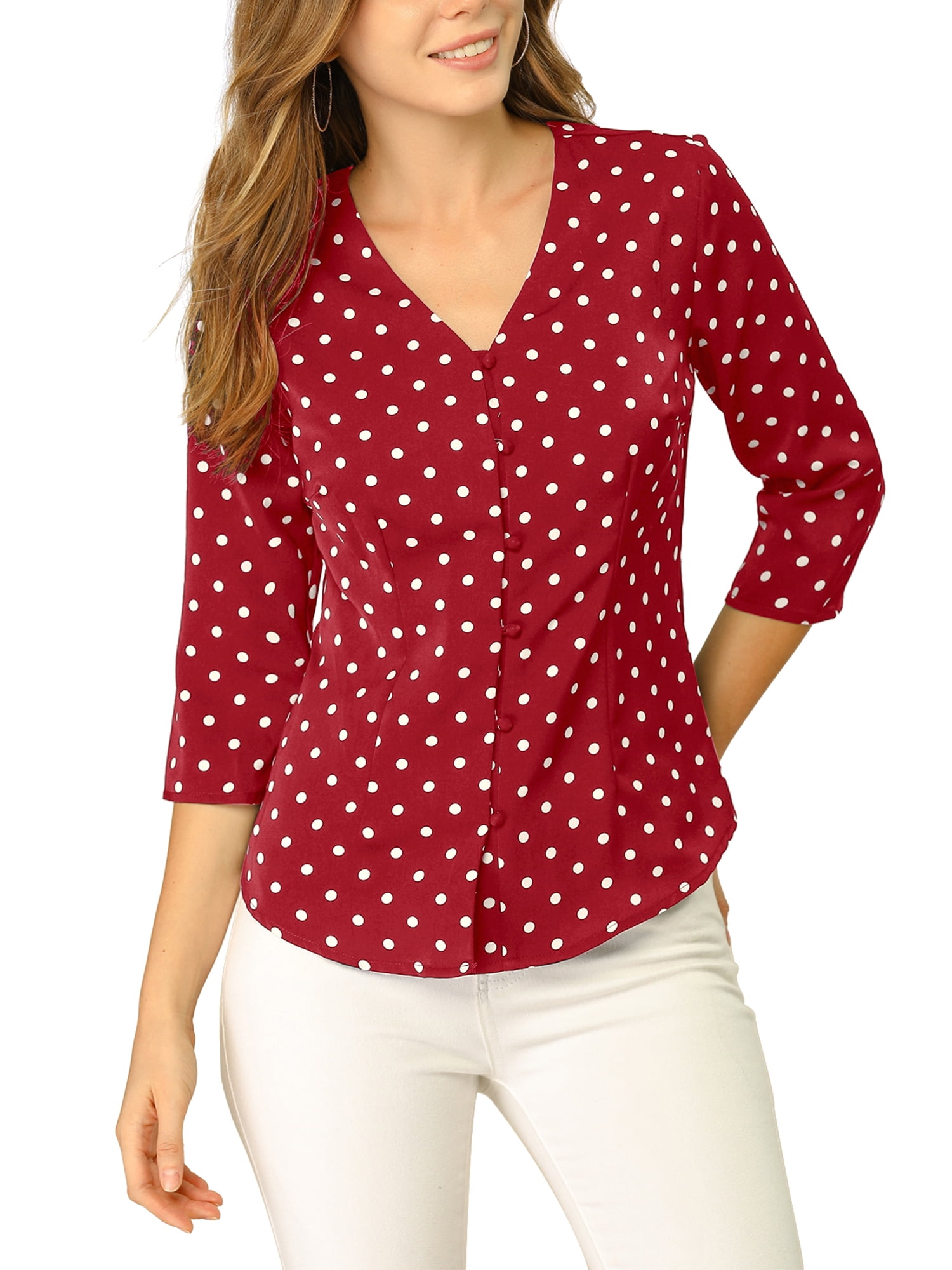 DARING DIVA Women's V Neck Polka Dots 3/4 Sleeve Casual Button Blouse L Red