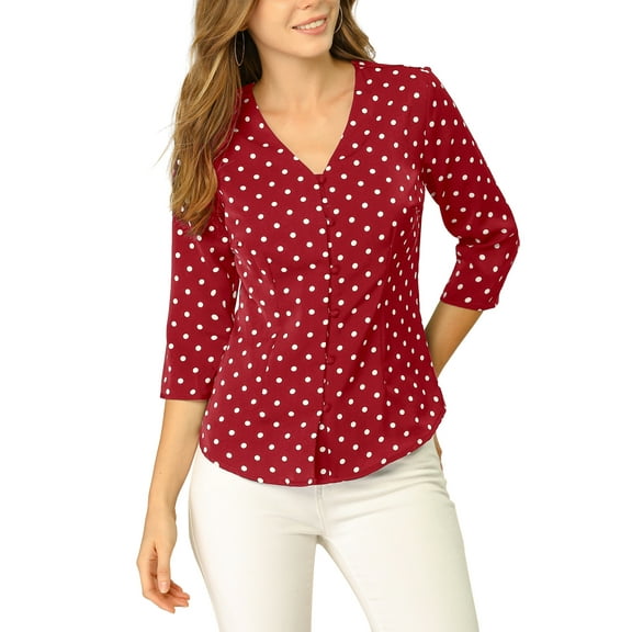 DARING DIVA Women's V Neck Polka Dots 3/4 Sleeve Casual Button Blouse L Red