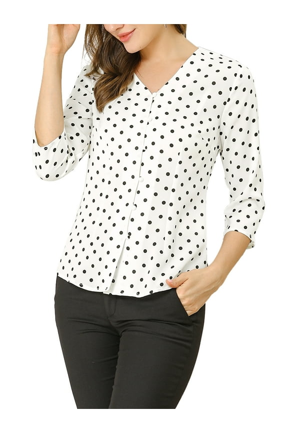 Women's V Neck Polka Dots 3/4 Sleeve Casual Button Blouse M White