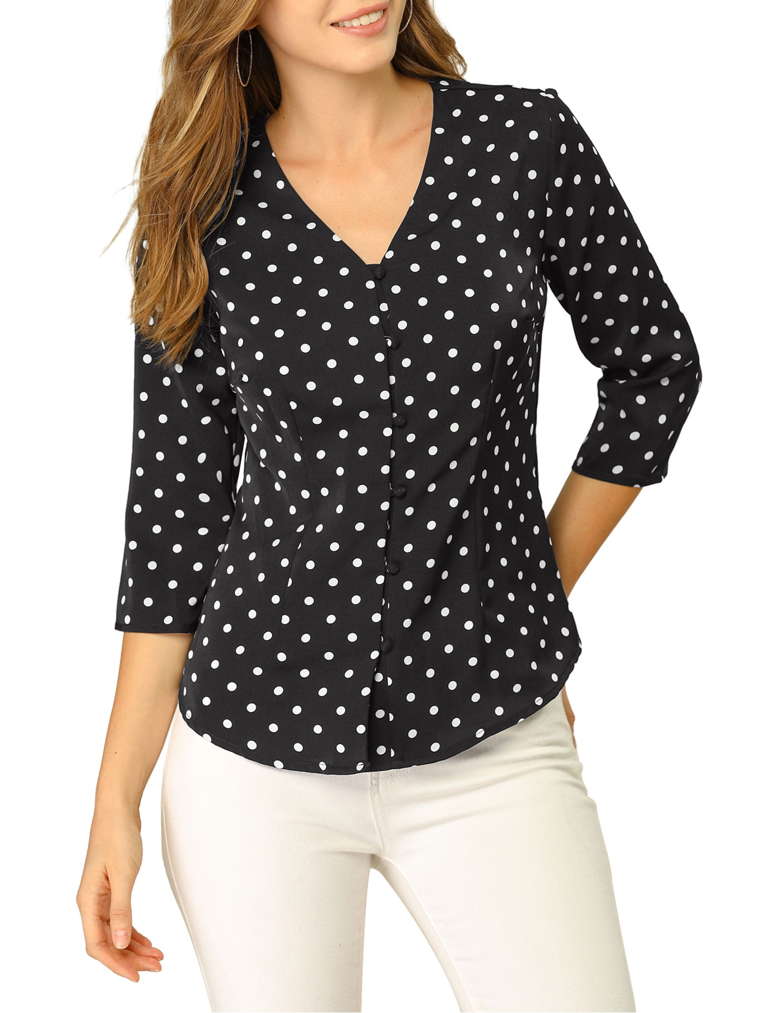 DARING DIVA Women's V Neck Polka Dots 3/4 Sleeve Casual Button Blouse S Black