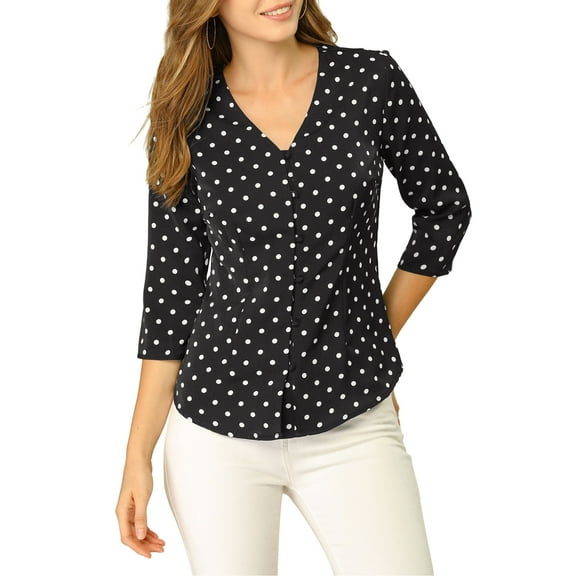 DARING DIVA Women's V Neck Polka Dots 3/4 Sleeve Casual Button Blouse S Black
