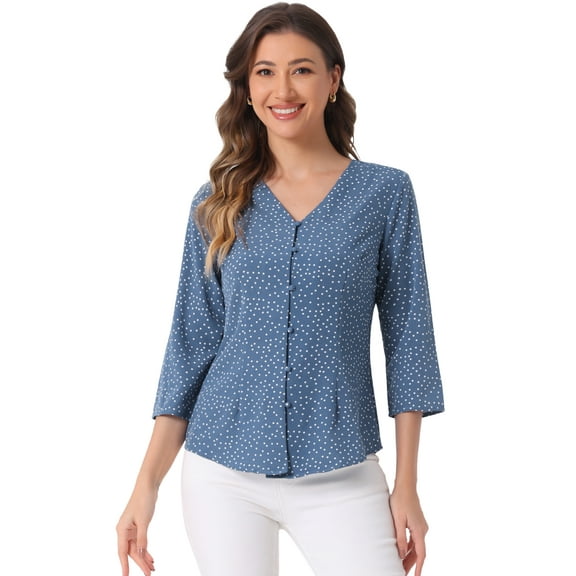 DARING DIVA Women's V Neck Polka Dots 3/4 Sleeve Casual Button Blouse S Denim Blue
