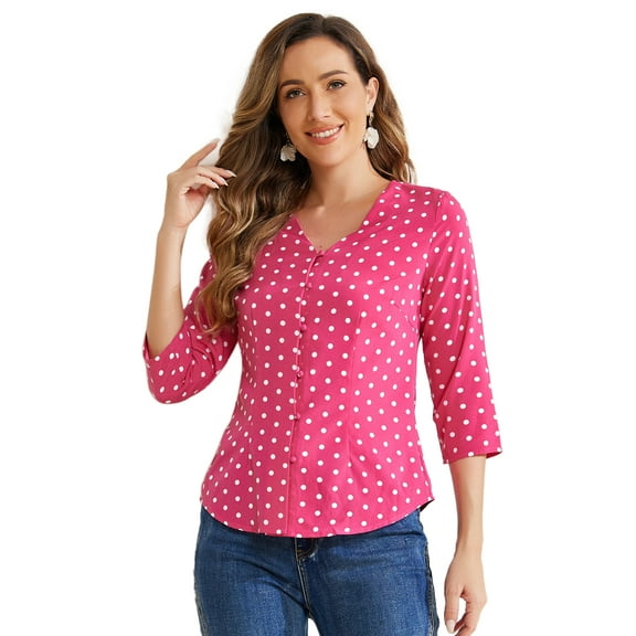DARING DIVA Women's V Neck Polka Dots 3/4 Sleeve Casual Button Blouse S Hot Pink