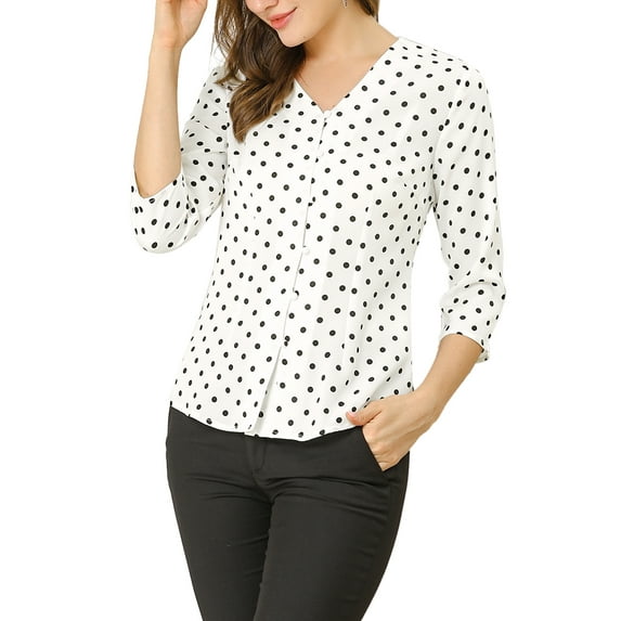 DARING DIVA Women's V Neck Polka Dots 3/4 Sleeve Casual Button Blouse S White