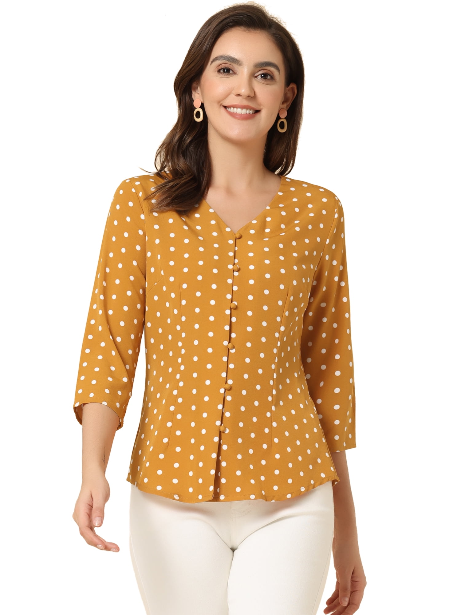 DARING DIVA Women's V Neck Polka Dots 3/4 Sleeve Casual Button Blouse S Yellow