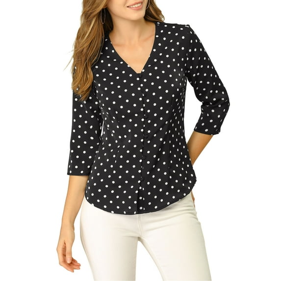 DARING DIVA Women's V Neck Polka Dots 3/4 Sleeve Casual Button Blouse XS Black