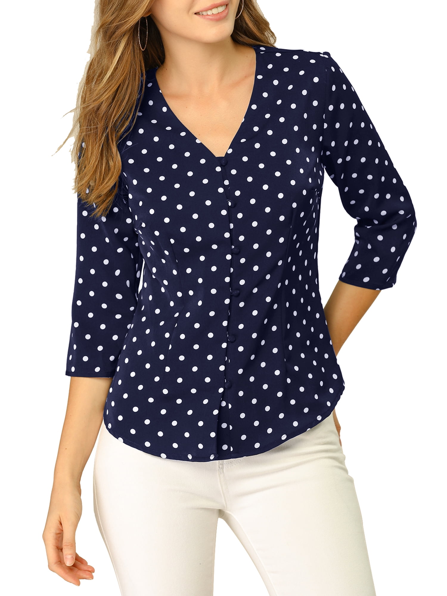 DARING DIVA Women's V Neck Polka Dots 3/4 Sleeve Casual Button Blouse XS Dark Blue