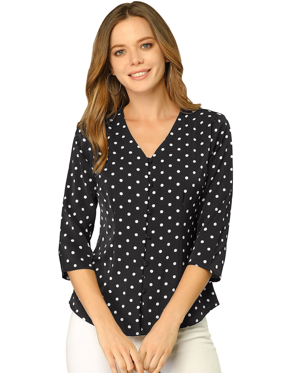 DARING DIVA Women's V Neck Polka Dots 3/4 Sleeve Casual Button Blouse XXL Black