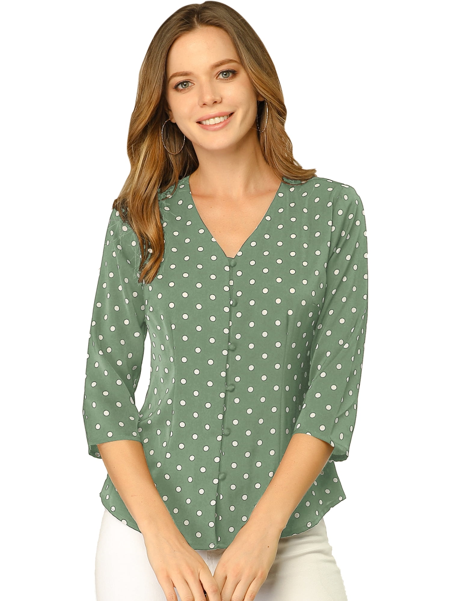 DARING DIVA Women's V Neck Polka Dots 3/4 Sleeve Casual Button Blouse XXL Olive Green