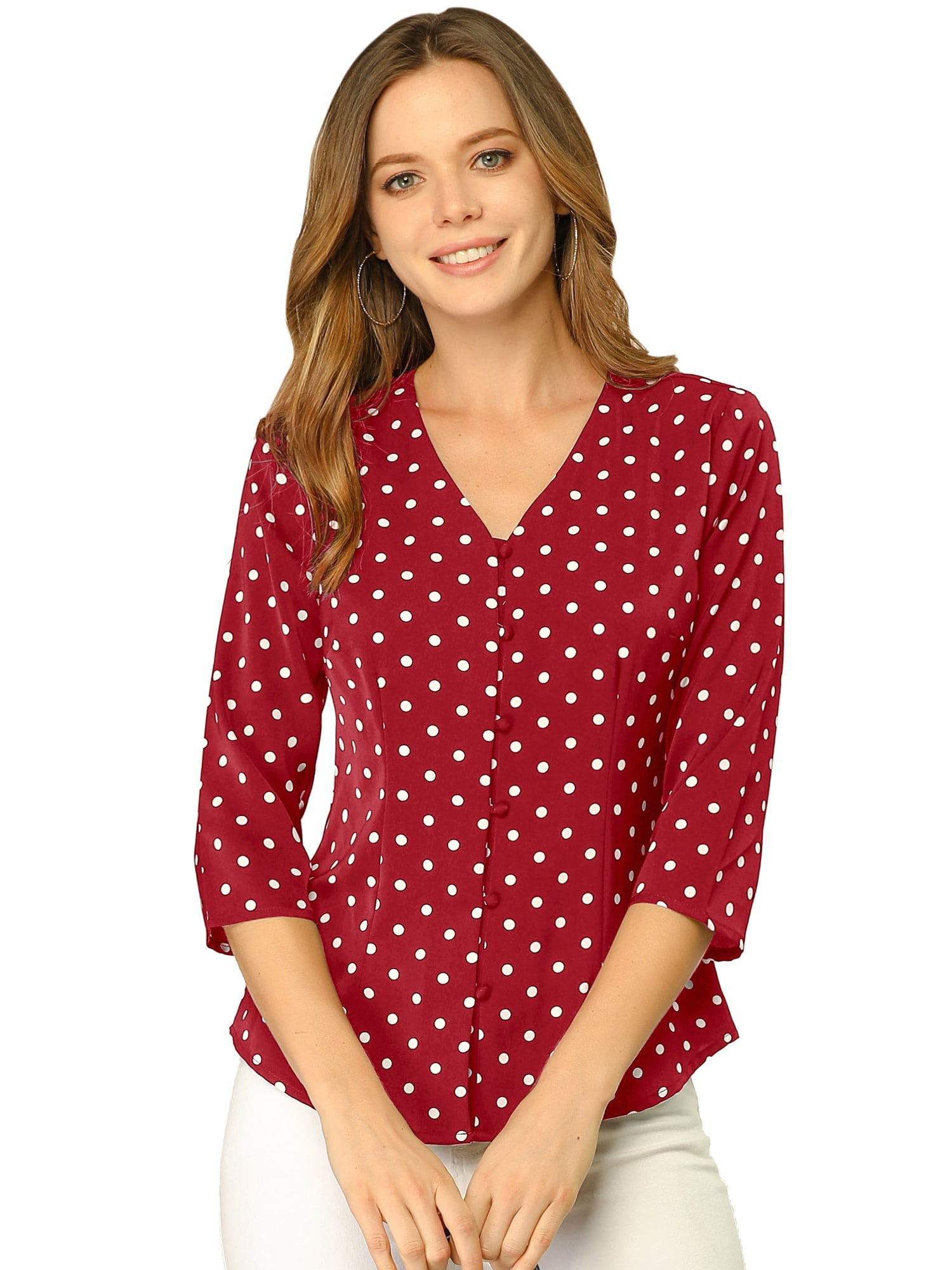 DARING DIVA Women's V Neck Polka Dots 3/4 Sleeve Casual Button Blouse XXL Red