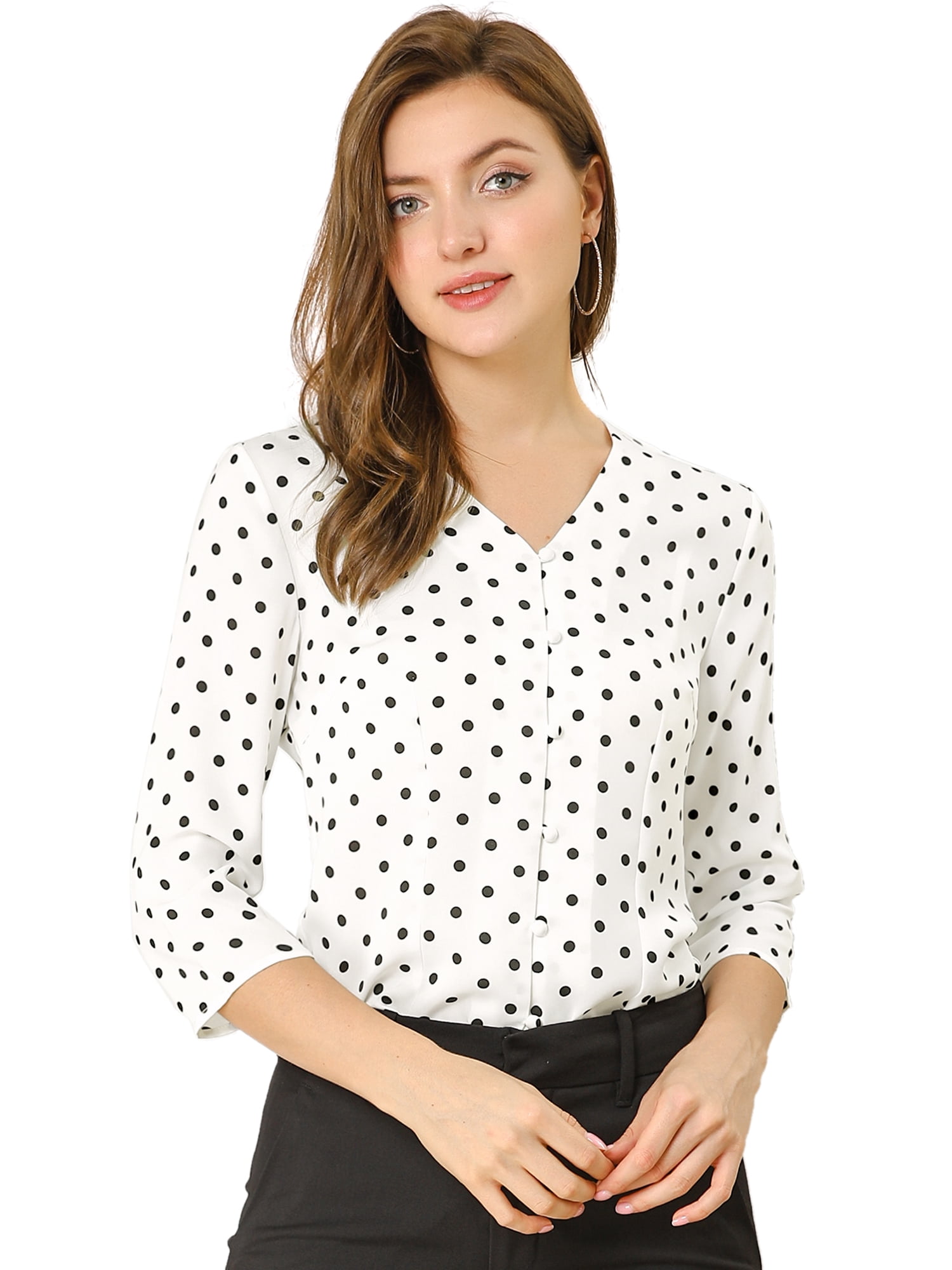 DARING DIVA Women's V Neck Polka Dots 3/4 Sleeve Casual Button Blouse XXL White