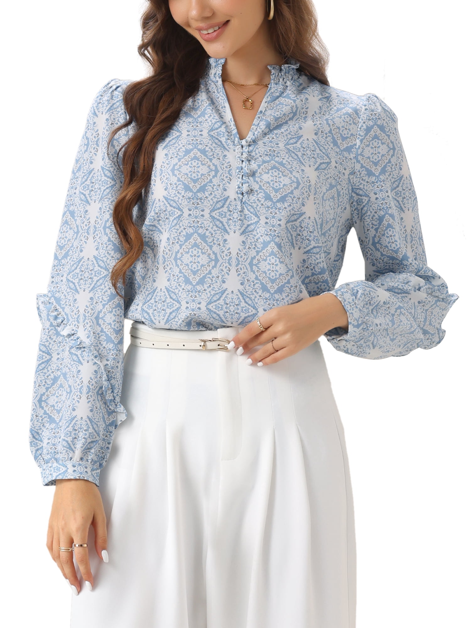 DARING DIVA Women's V Neck Printed Long Sleeve Dressy Blouse S Blue