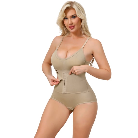 DARING DIVA Women's V Neck Push Up Butt Lifting Front Hook Bodysuit S Beige