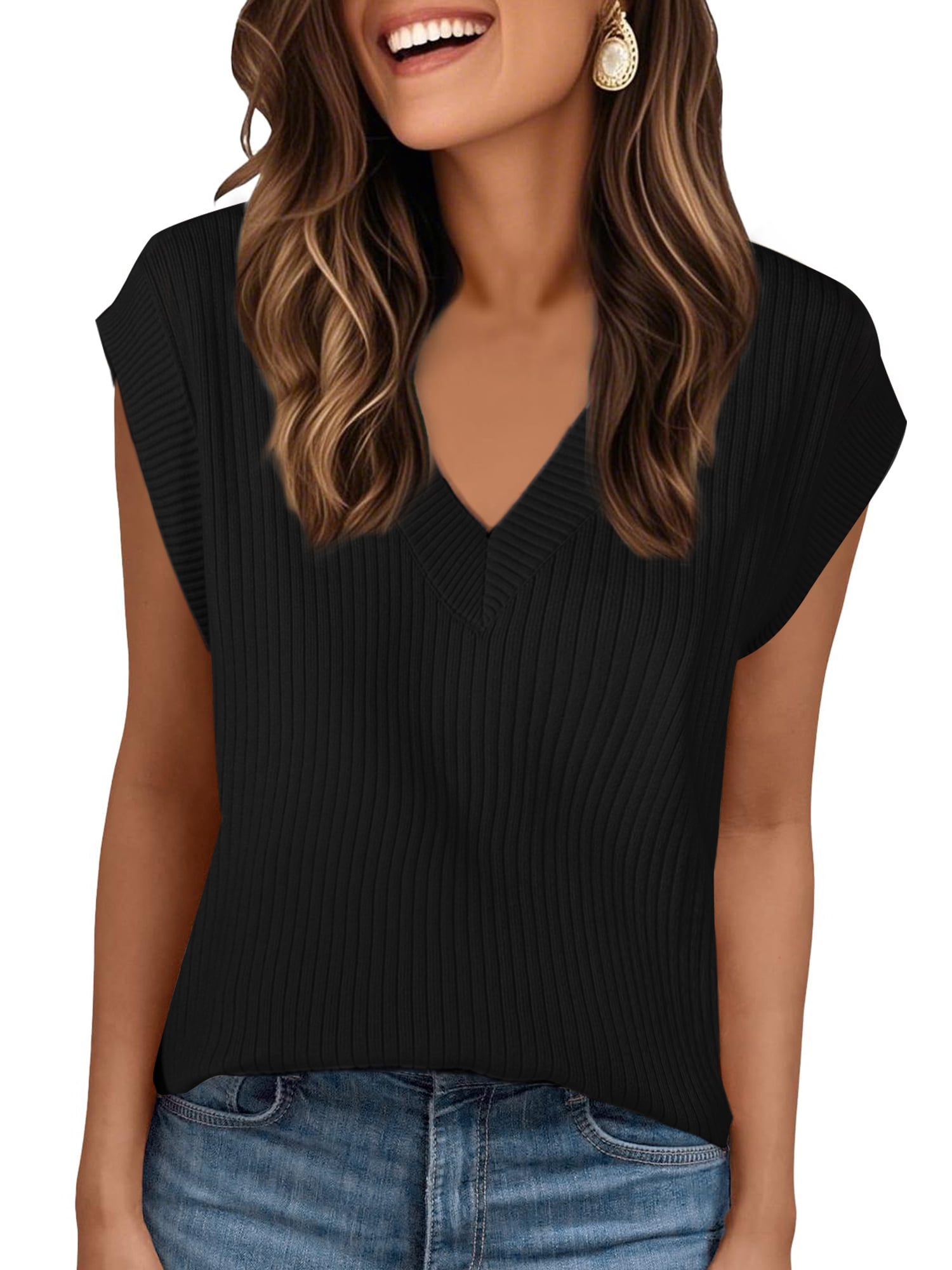DARING DIVA Women's V Neck Ribbed Knit Sleeveless Pullover Sweater Vest S Black