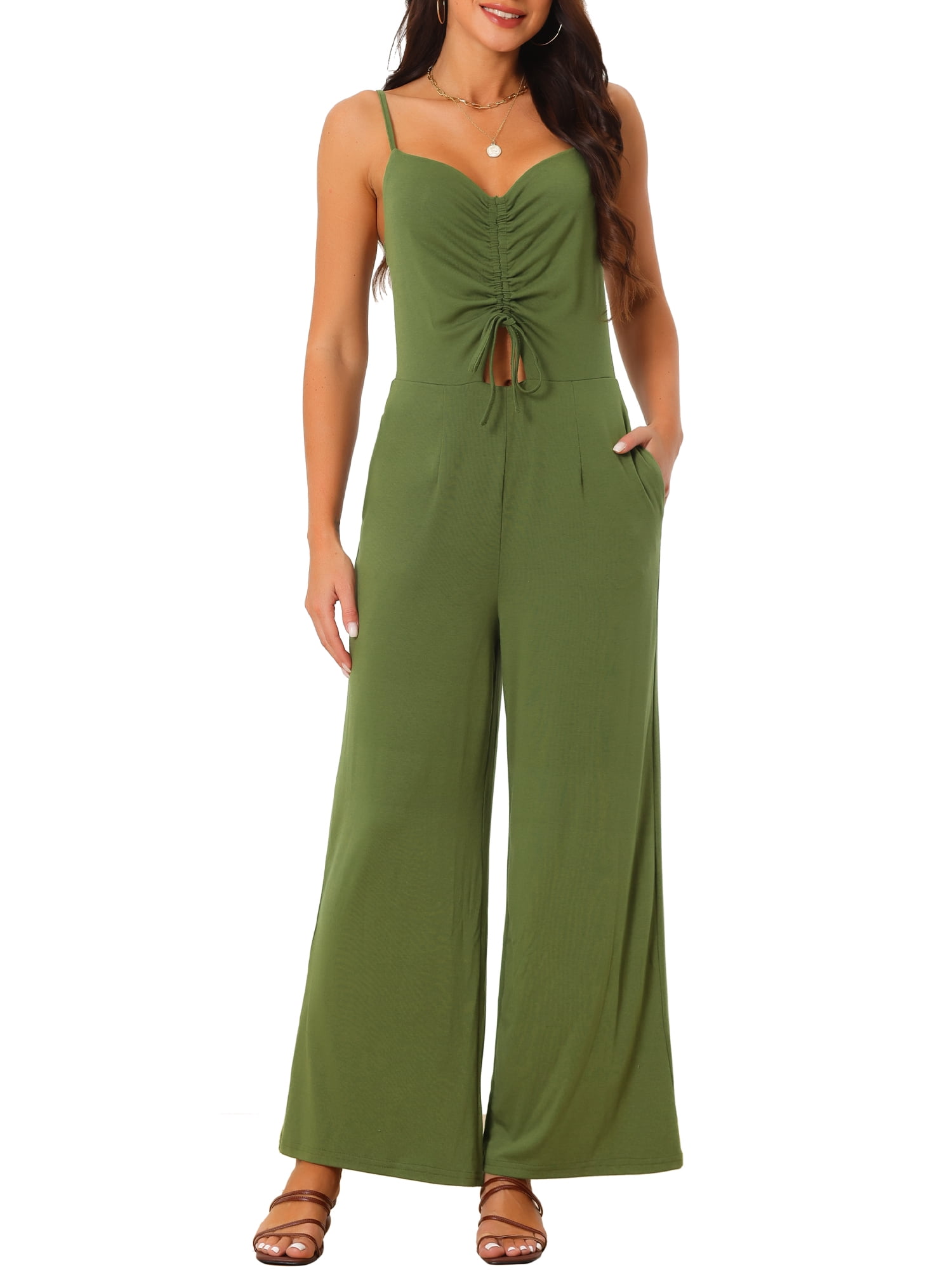 DARING DIVA Women's V Neck Ruched Drawstring Sleeveless Wide Leg Jumpsuits XL Army Green