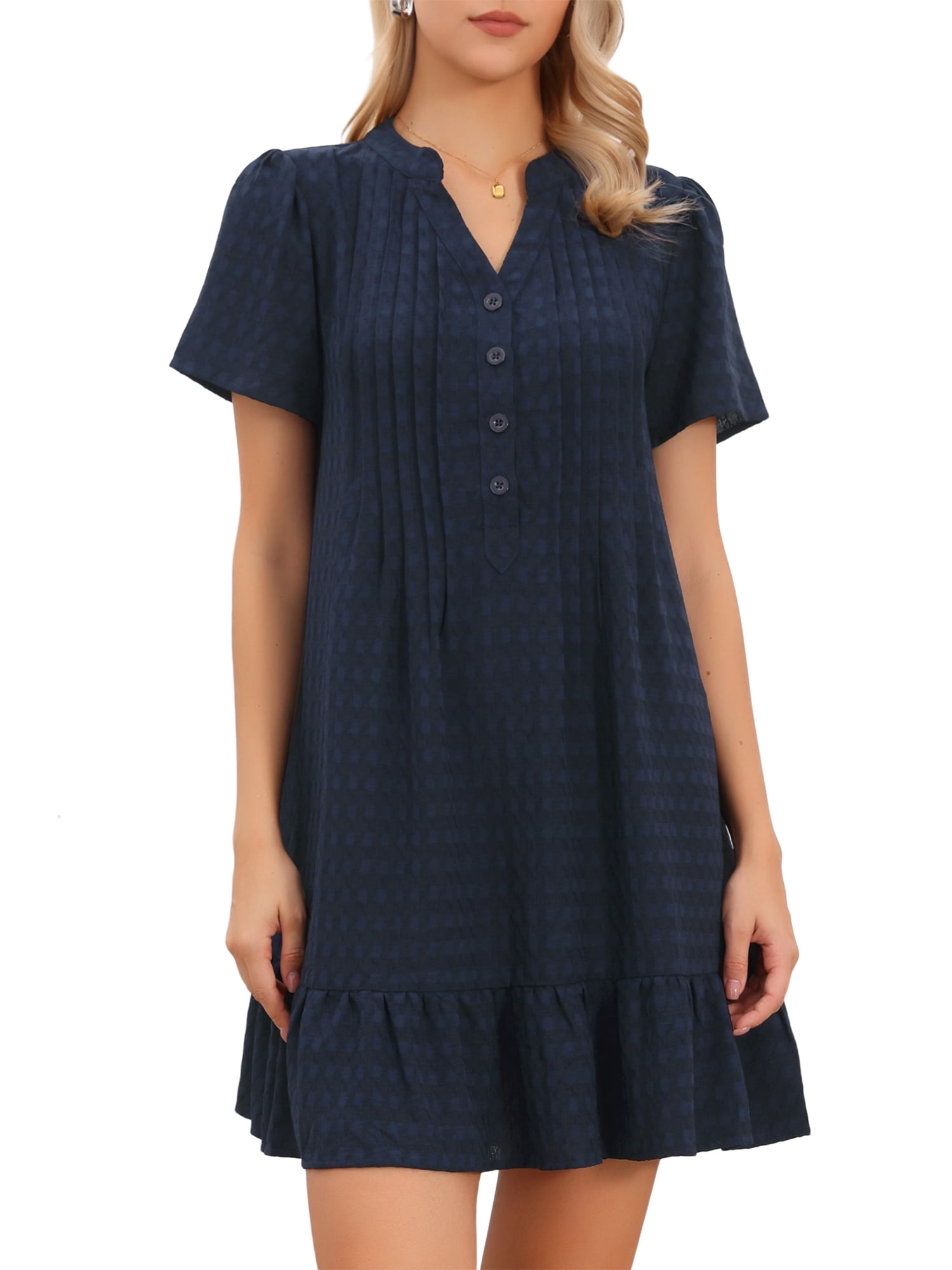 DARING DIVA Women's V Neck Ruffle Hem Pleated Front Short Sleeve Ruffle Hem XL Navy Blue