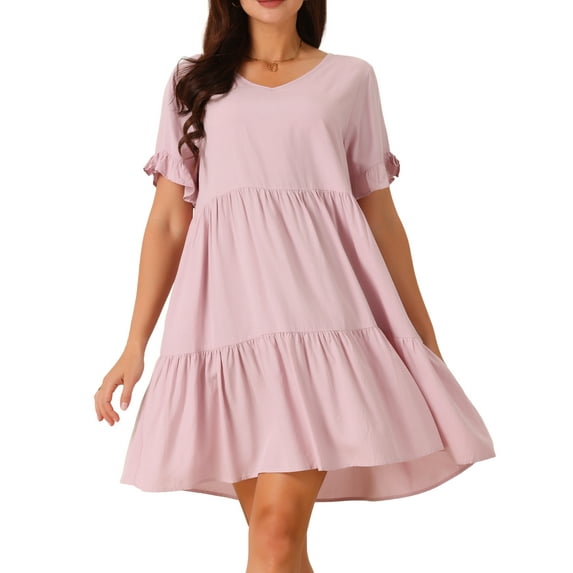 DARING DIVA Women's V Neck Ruffle Short Sleeve Dress with Pockets M Pink