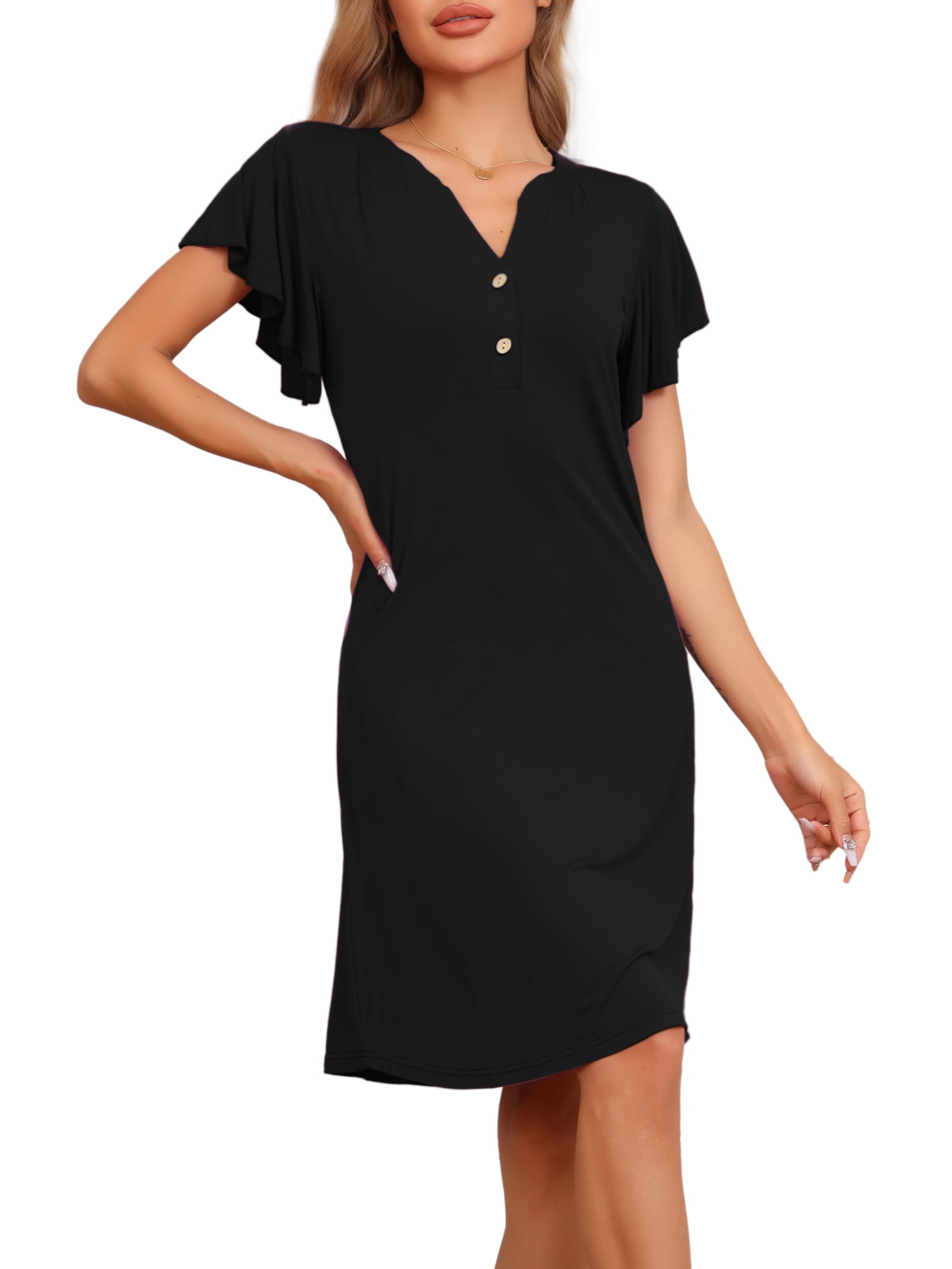 DARING DIVA Women's V-Neck Ruffle Short Sleeve Nightgowns S Black