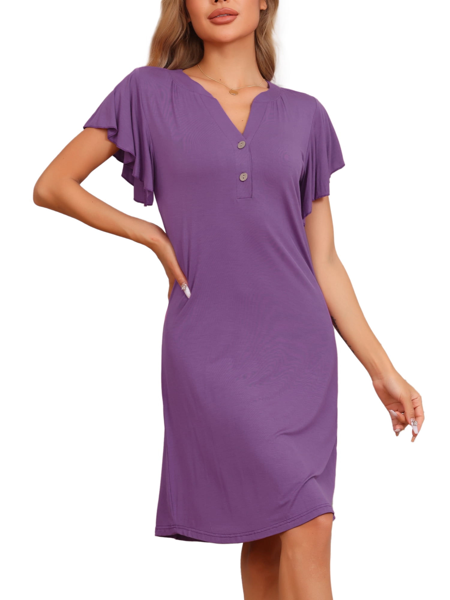 DARING DIVA Women's V-Neck Ruffle Short Sleeve Nightgowns S Purple