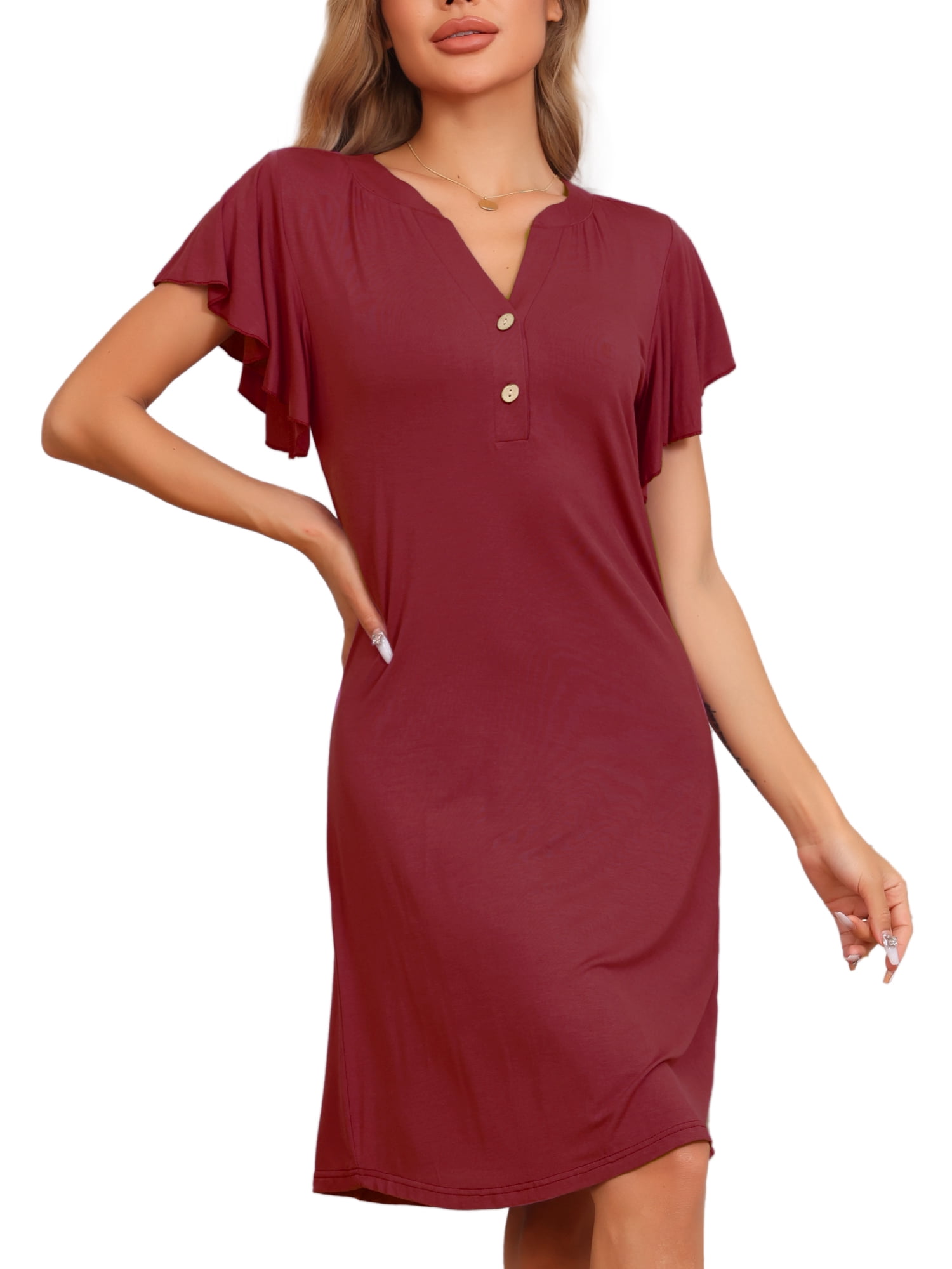DARING DIVA Women's V-Neck Ruffle Short Sleeve Nightgowns XS Red