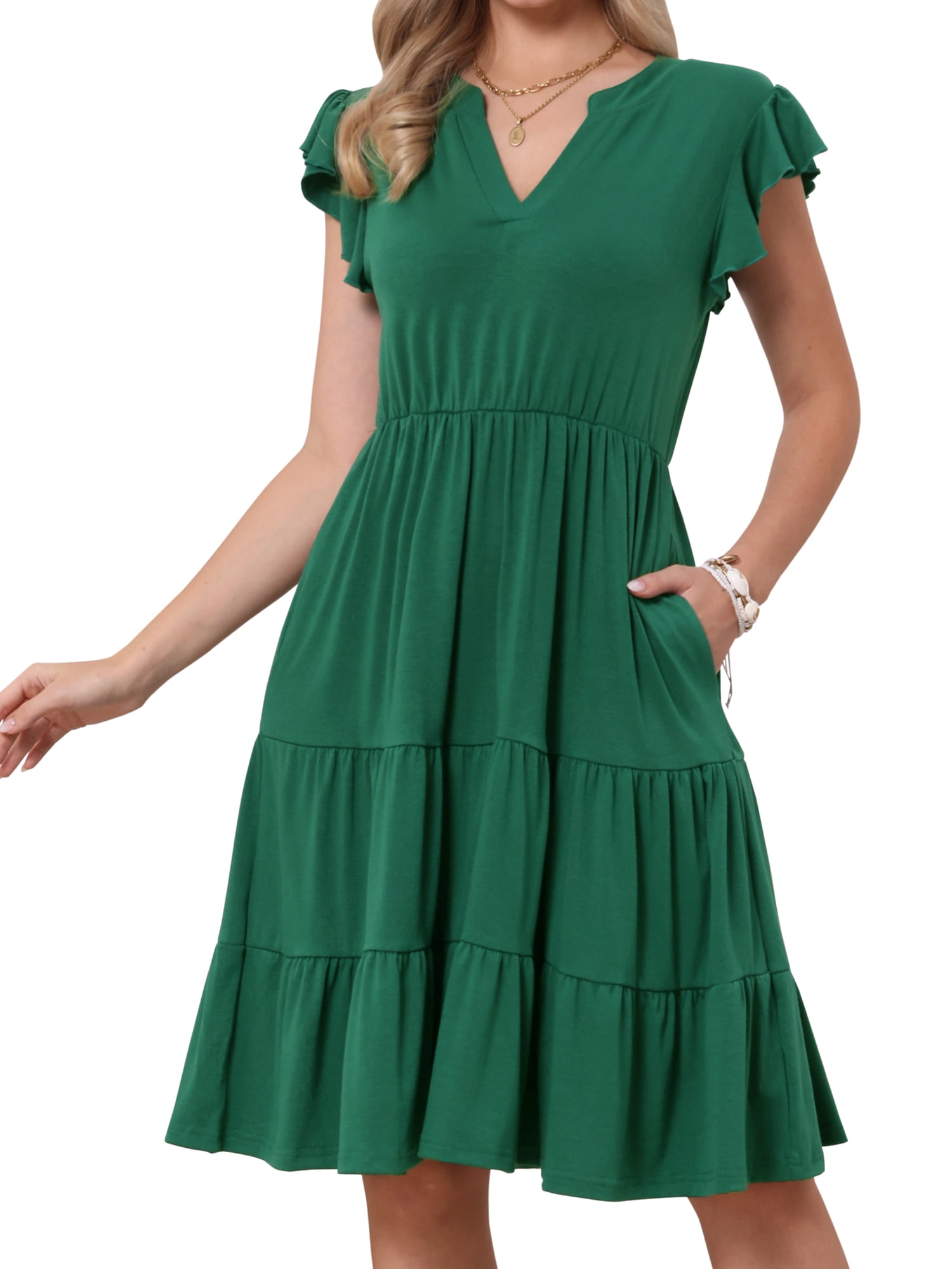 DARING DIVA Women's V Neck Ruffle Sleeve A-Line Flowy Tiered Design Dress 2XL Dark Green