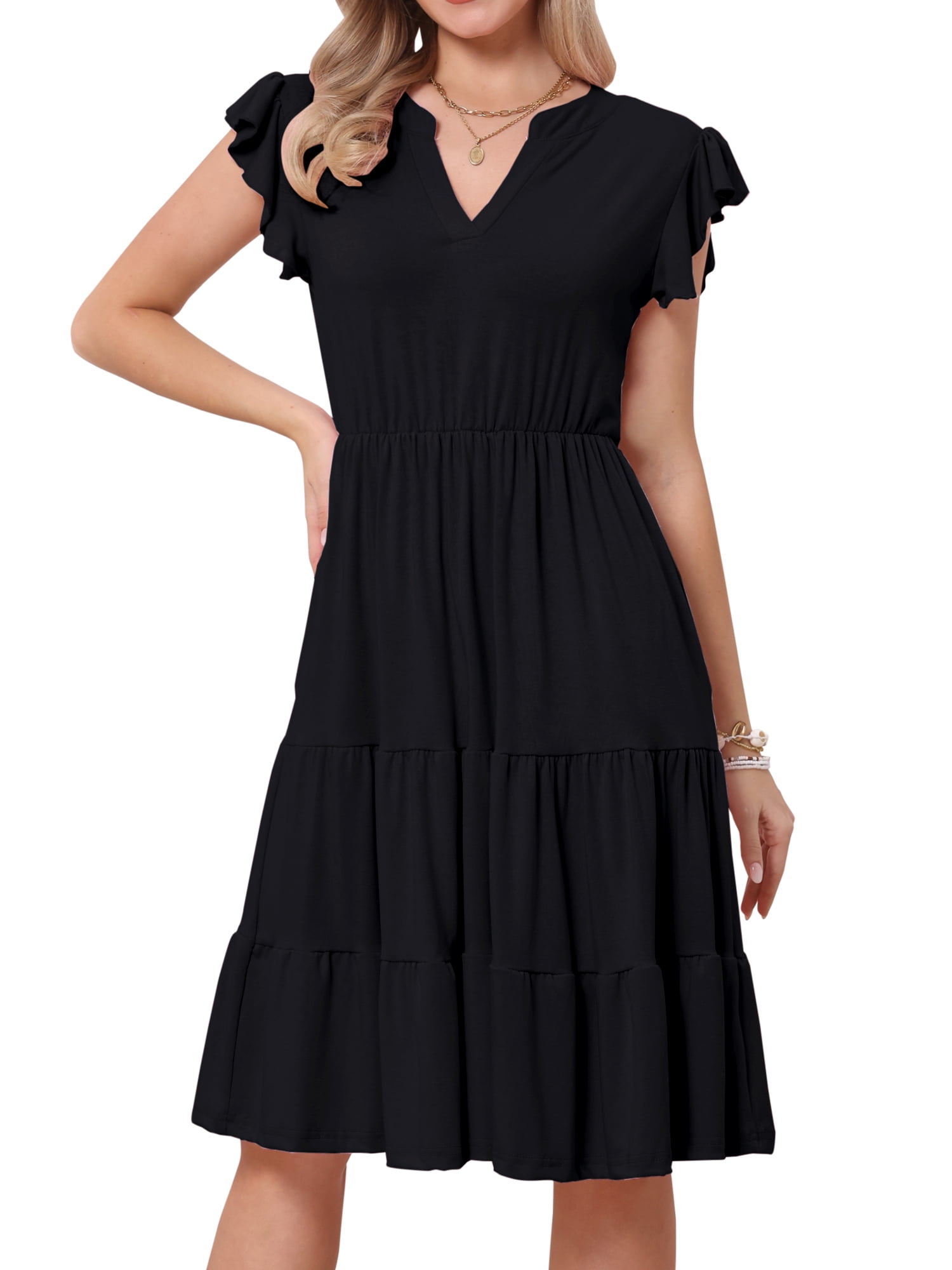 DARING DIVA Women's V Neck Ruffle Sleeve A-Line Flowy Tiered Design Dress L Black