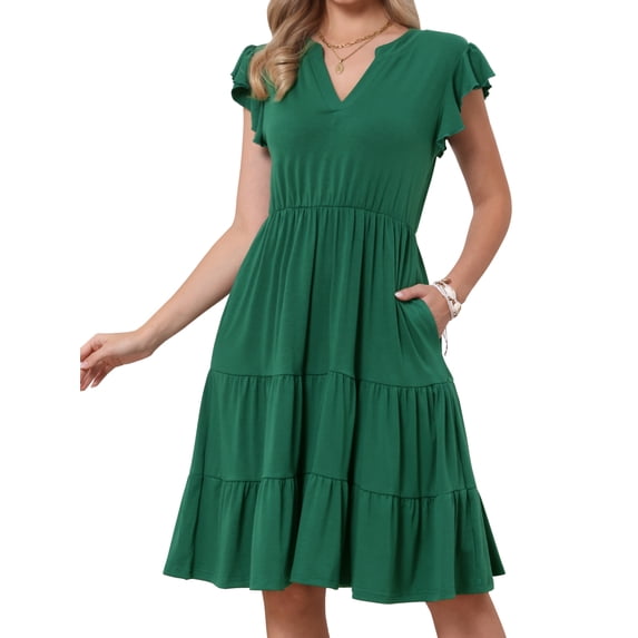 DARING DIVA Women's V Neck Ruffle Sleeve A-Line Flowy Tiered Design Dress M Dark Green