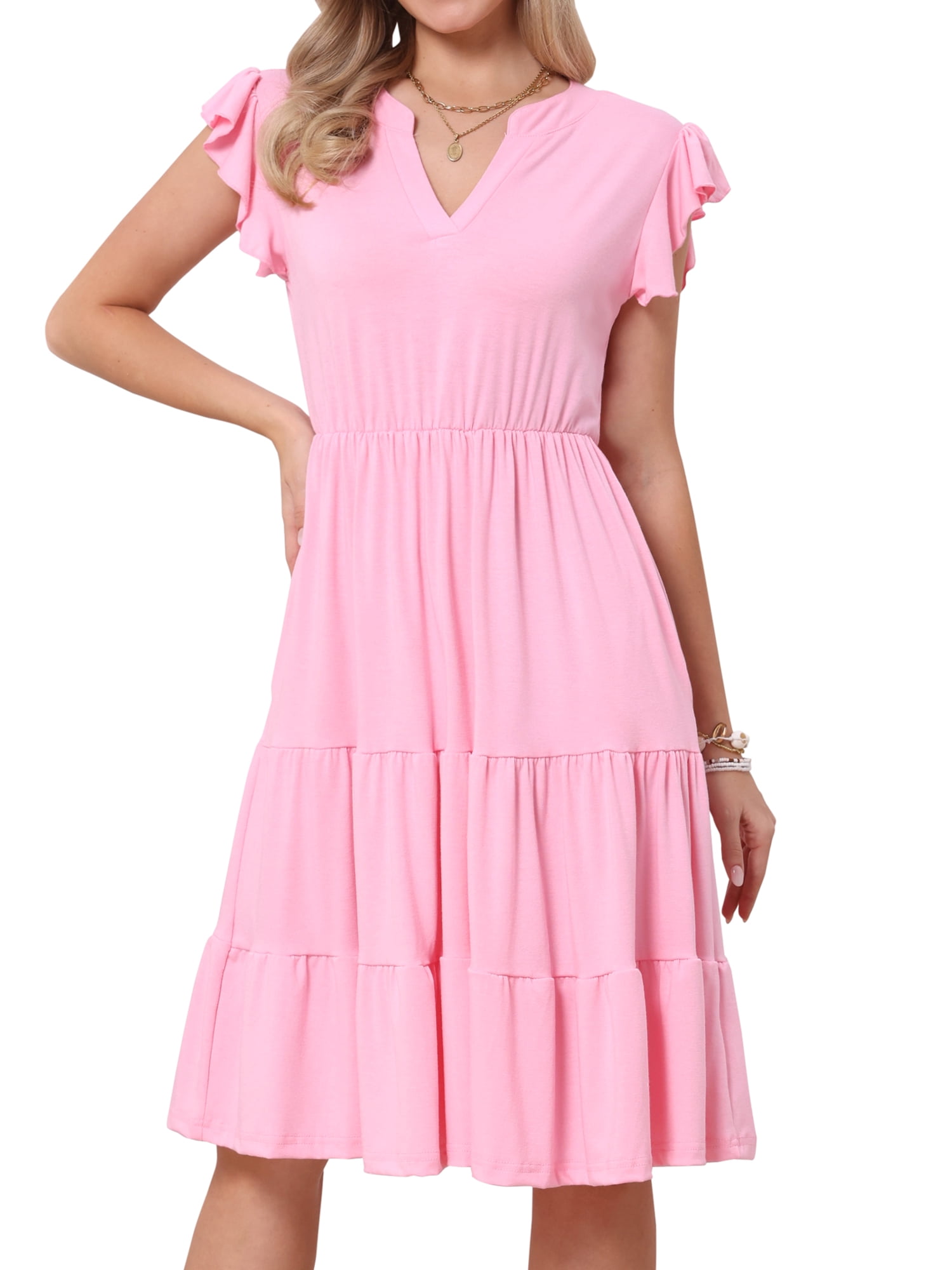 DARING DIVA Women's V Neck Ruffle Sleeve A-Line Flowy Tiered Design Dress M Pink