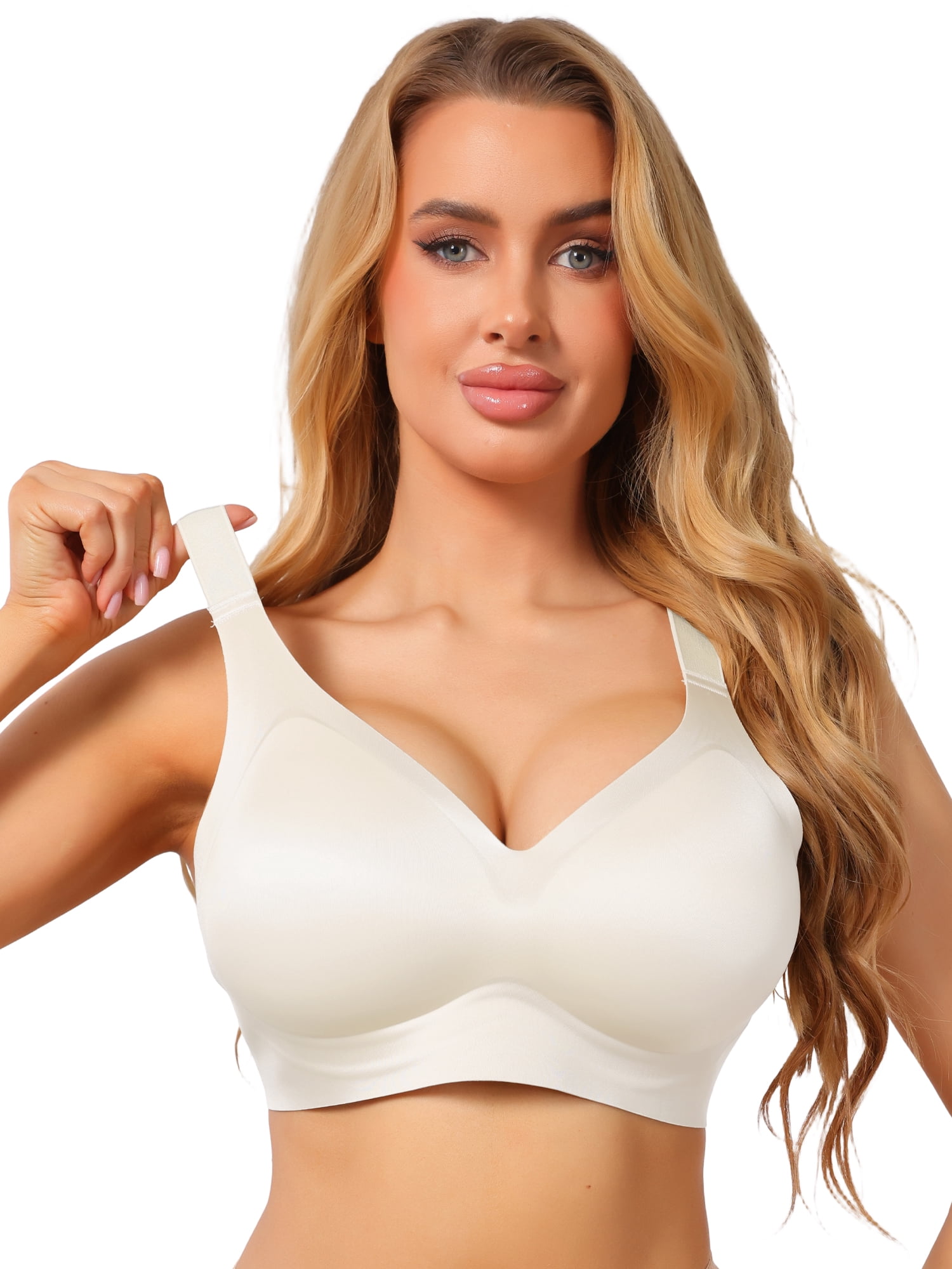 DARING DIVA Women's V Neck Seamless Wireless Wide Strap Soft Minimizer Bra 2XL White