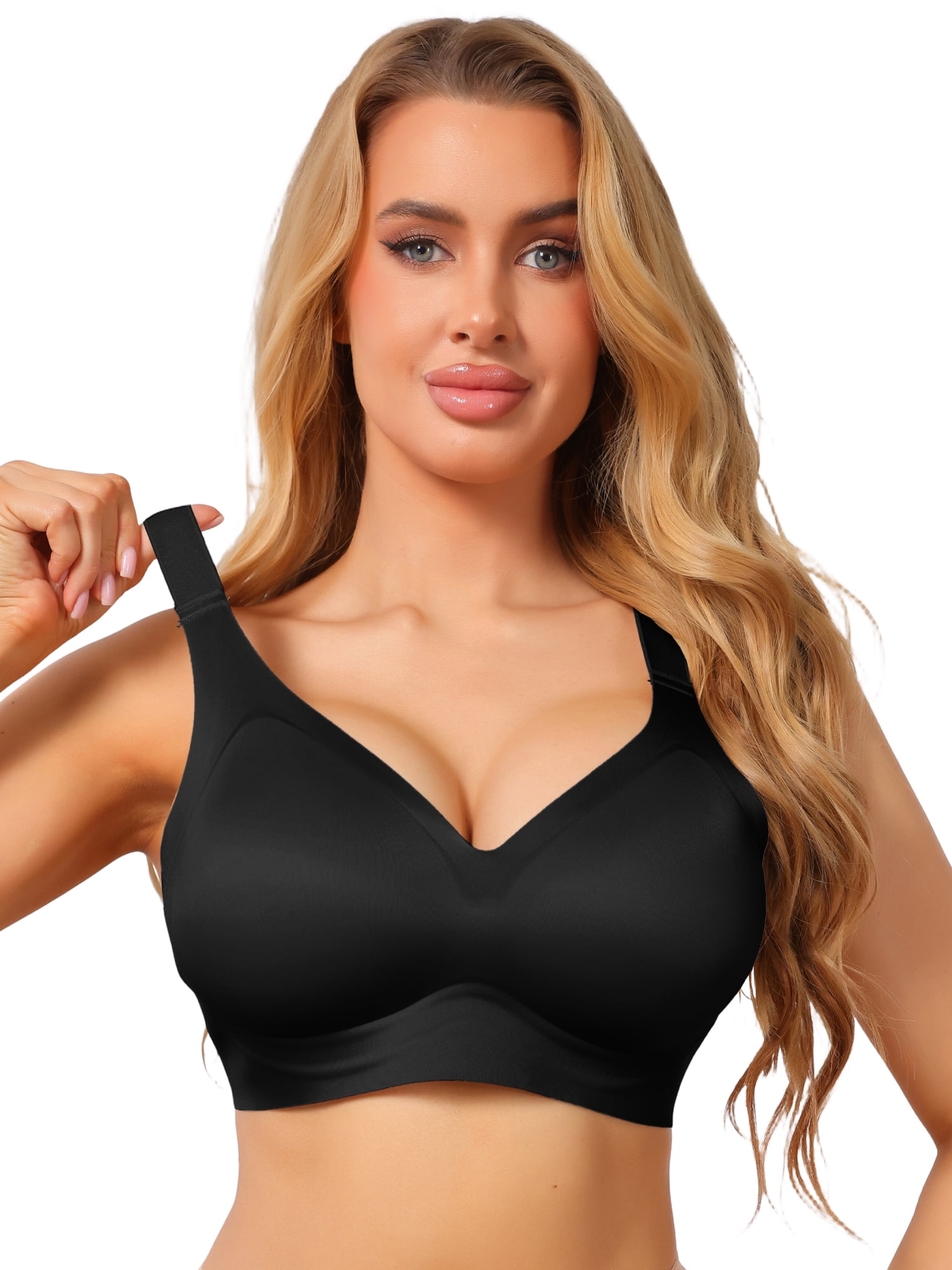 DARING DIVA Women's V Neck Seamless Wireless Wide Strap Soft Minimizer Bra L Black