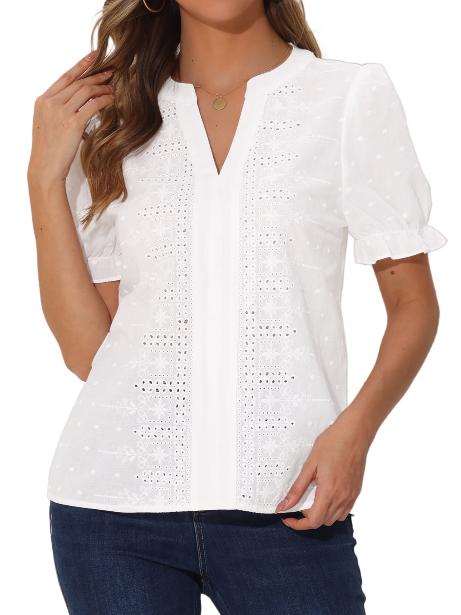 DARING DIVA Women's Eyelet Top V Neck Short Puff Sleeve Cotton Blouses XL White