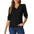 thumbnail image 1 of DARING DIVA Women's V Neck Short Puff Sleeves Knit Sweater Tops XS Black, 1 of 6