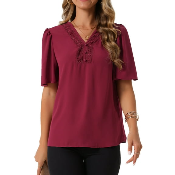 DARING DIVA Women's V Neck Short Sleeve Chiffon Casual Blouse S Red