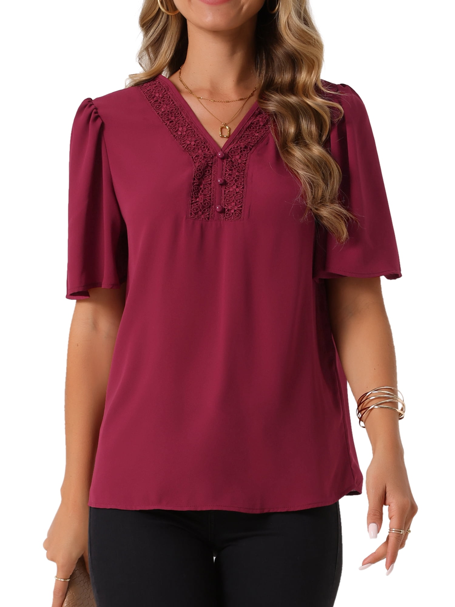 DARING DIVA Women's V Neck Short Sleeve Chiffon Casual Blouse XL Red