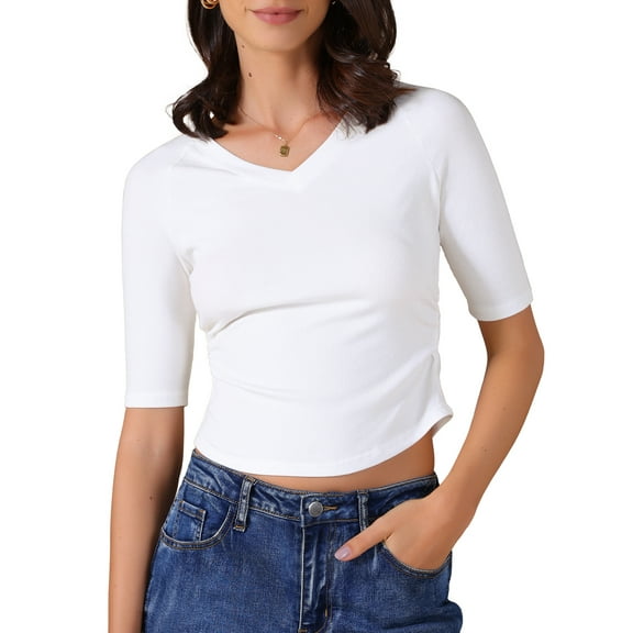 DARING DIVA Women's V Neck Short Sleeve Stretchy Lightweight Casual T-Shirt S White