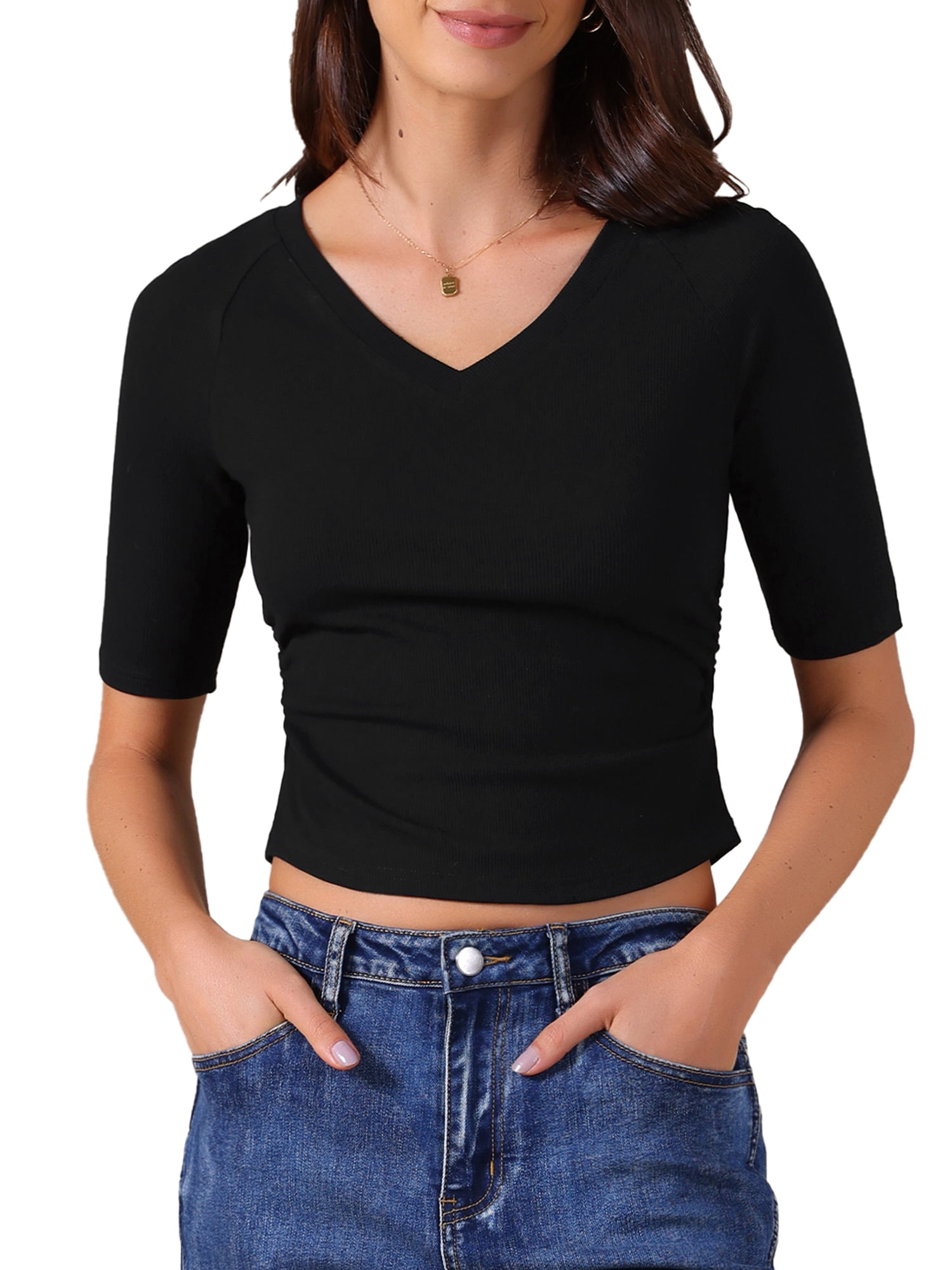 DARING DIVA Women's V Neck Short Sleeve Stretchy Lightweight Casual T-Shirt XS Black