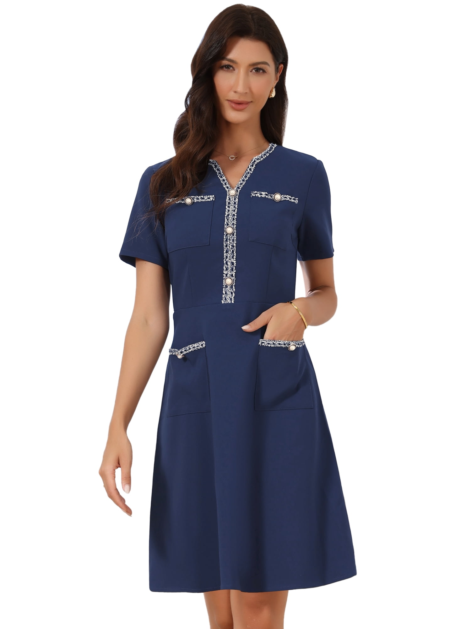 DARING DIVA Women's V Neck Short Sleeves Tweed Trim Dressy A-Line Dress S Dark Blue