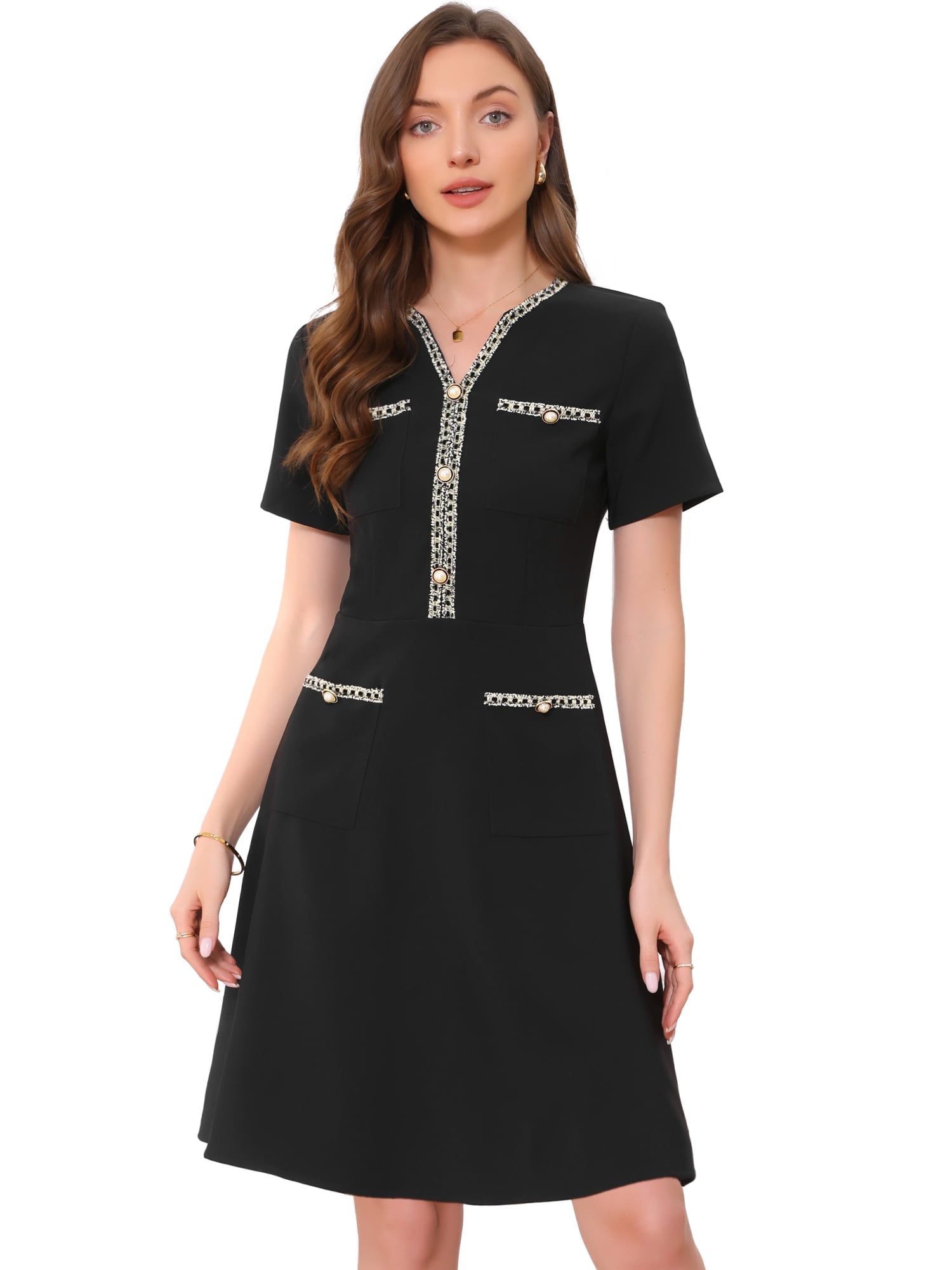 DARING DIVA Women's V Neck Short Sleeves Tweed Trim Dressy A-Line Dress XL Black