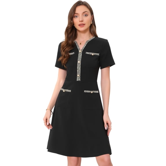DARING DIVA Women's V Neck Short Sleeves Tweed Trim Dressy A-Line Dress XS Black