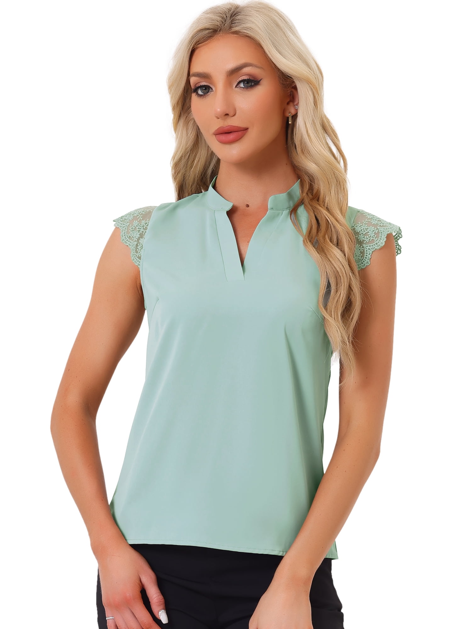 DARING DIVA Women's V Neck Sleeveless Basic Blouse Top M Pea Green