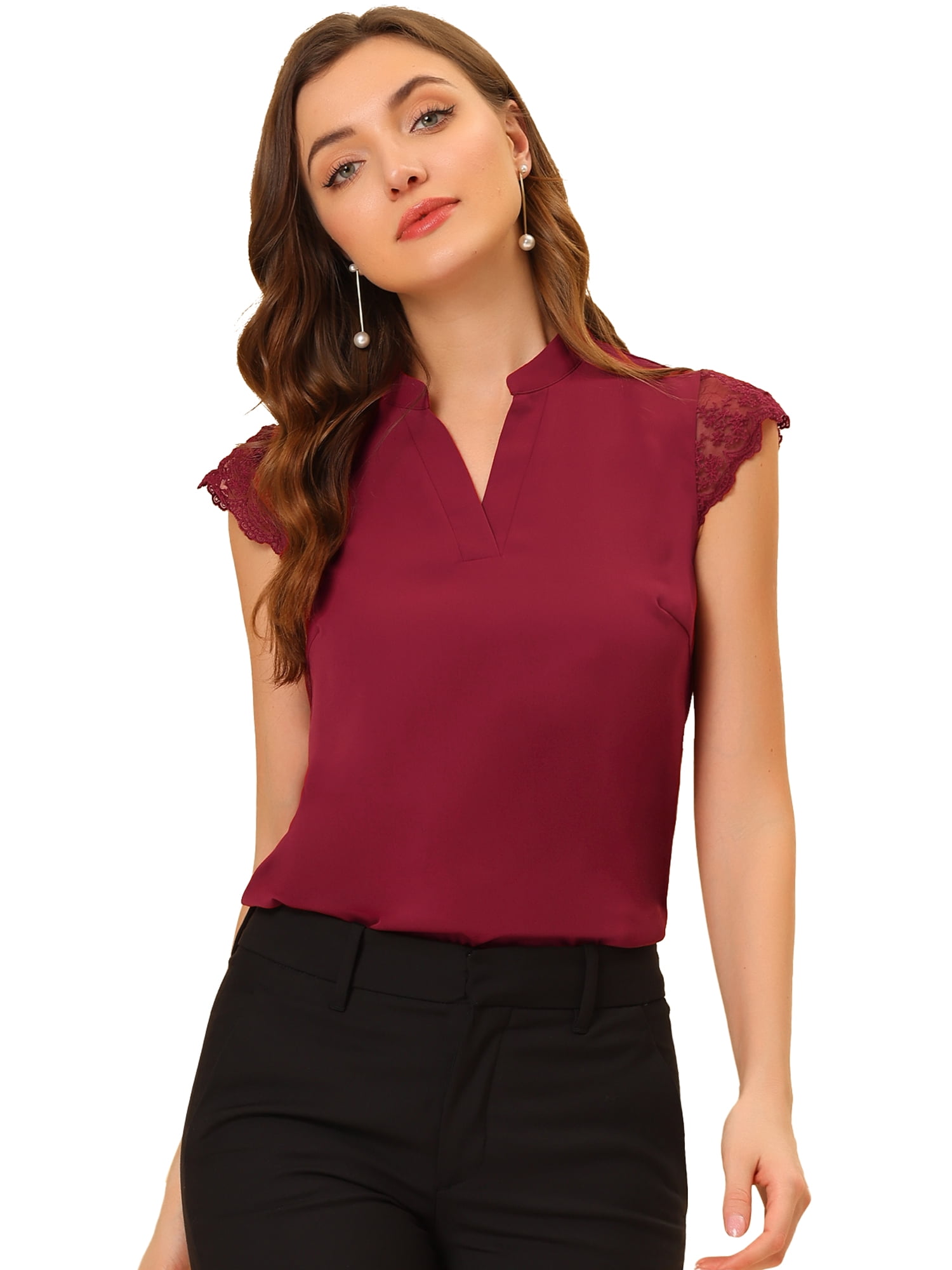 DARING DIVA Women's V Neck Sleeveless Basic Blouse Top M Red