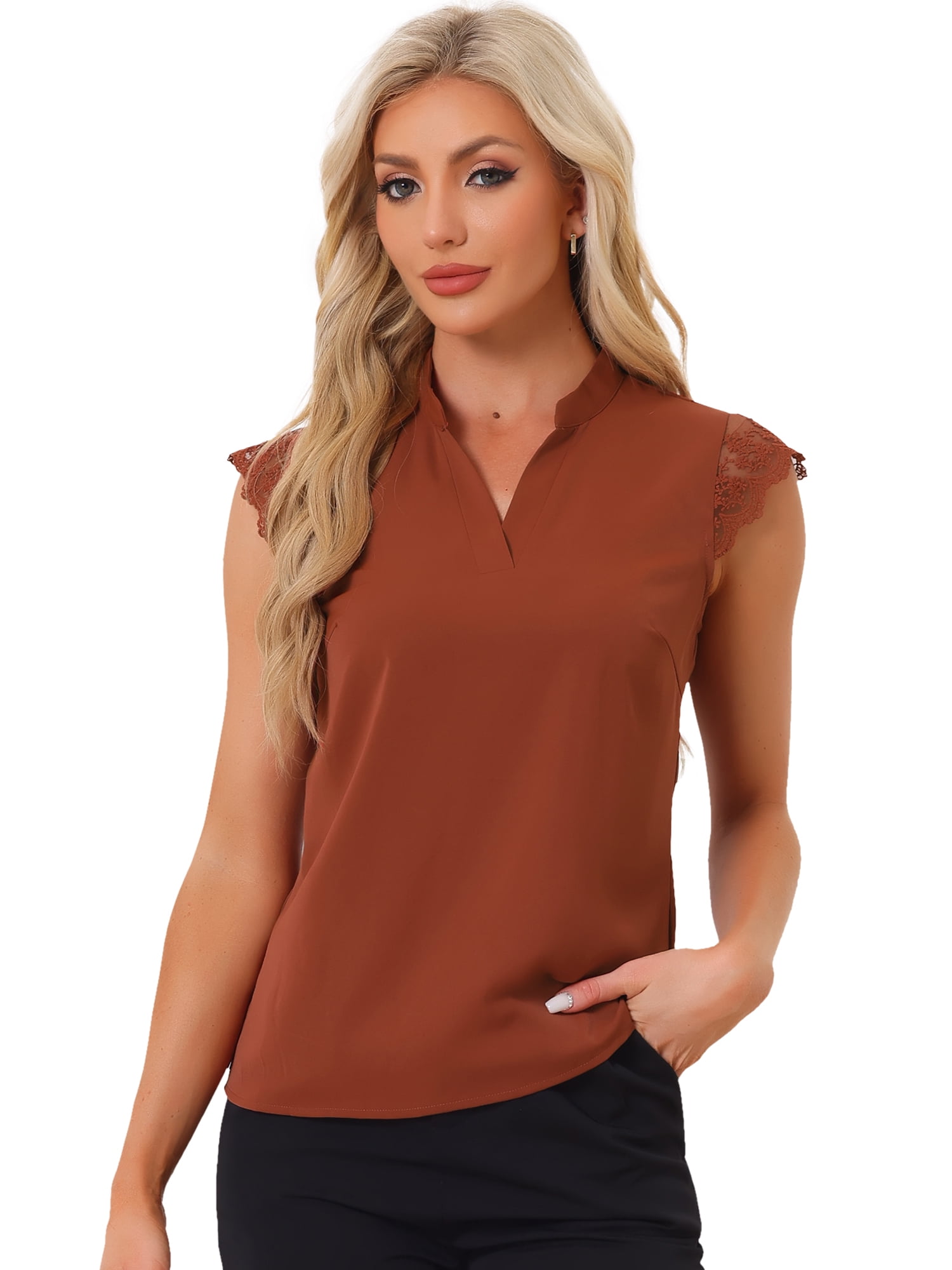DARING DIVA Women's V Neck Sleeveless Basic Blouse Top XL Brown Red