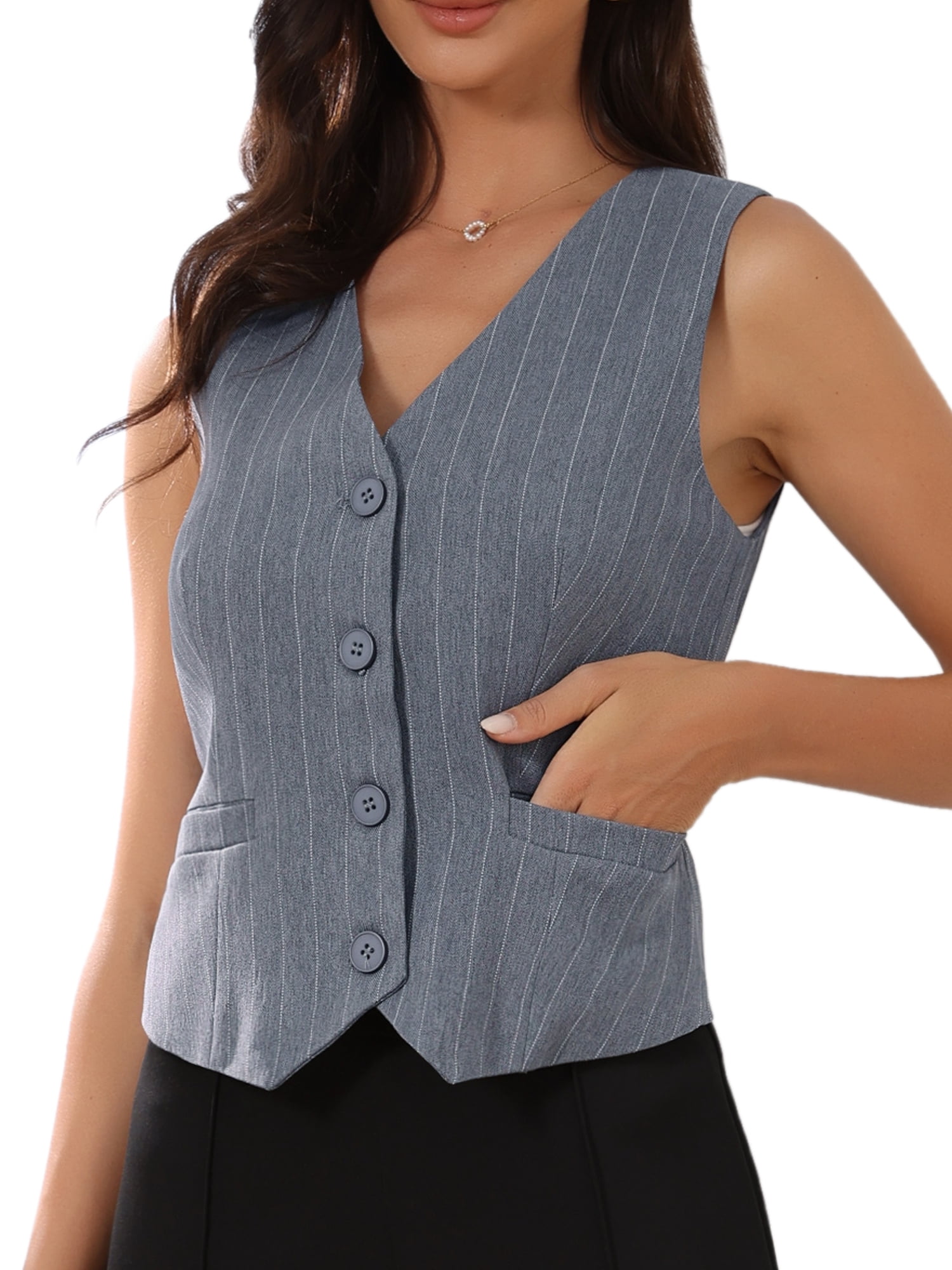 DARING DIVA Women's V Neck Sleeveless Button Down Striped Trendy Waistcoat S Grey