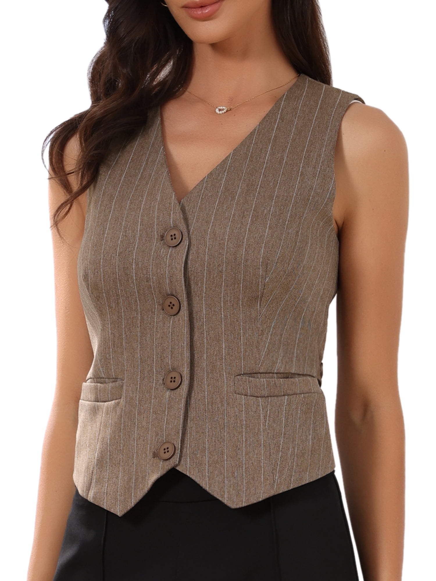 DARING DIVA Women's V Neck Sleeveless Button Down Striped Trendy Waistcoat XL Coffee