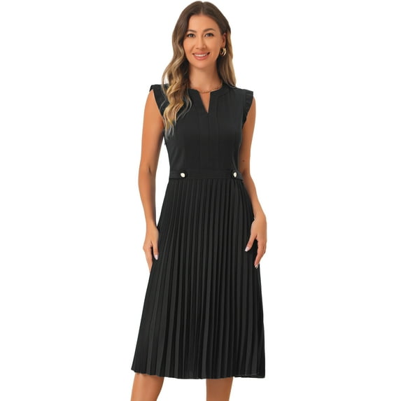 DARING DIVA Women's V Neck Sleeveless Button Pleated Midi Dresses L Black
