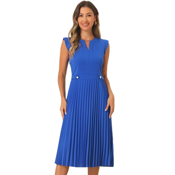 DARING DIVA Women's V Neck Sleeveless Button Pleated Midi Dresses S Royal Blue